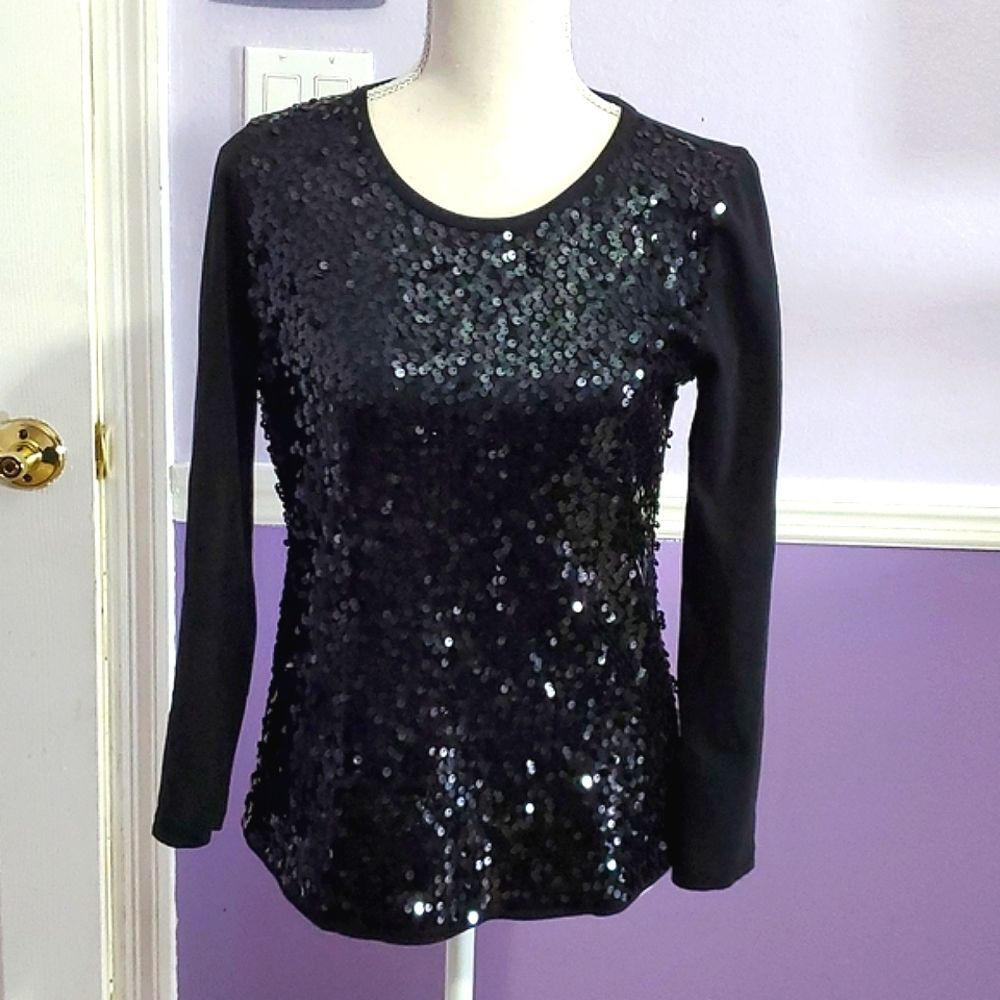J. Crew Black Sequined Chic Party Cocktail Long Sleeve Top XS